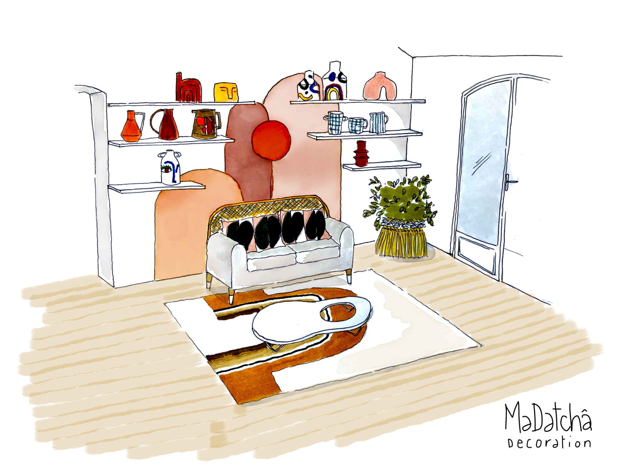 alt="inspiration salon automne couleurs terracotta ocre matières naturelles décoration intérieur MaDatcha Décoration"