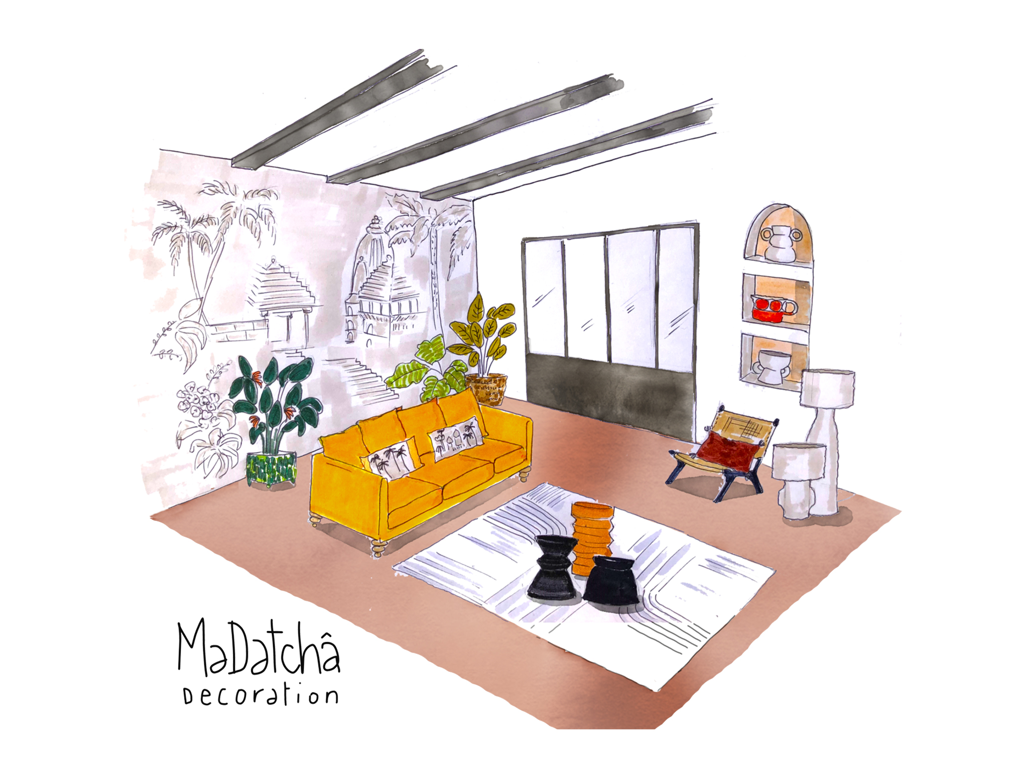 alt="inspiration salon ethnique voyage contemporain décoration intérieure MaDatcha Décoration"