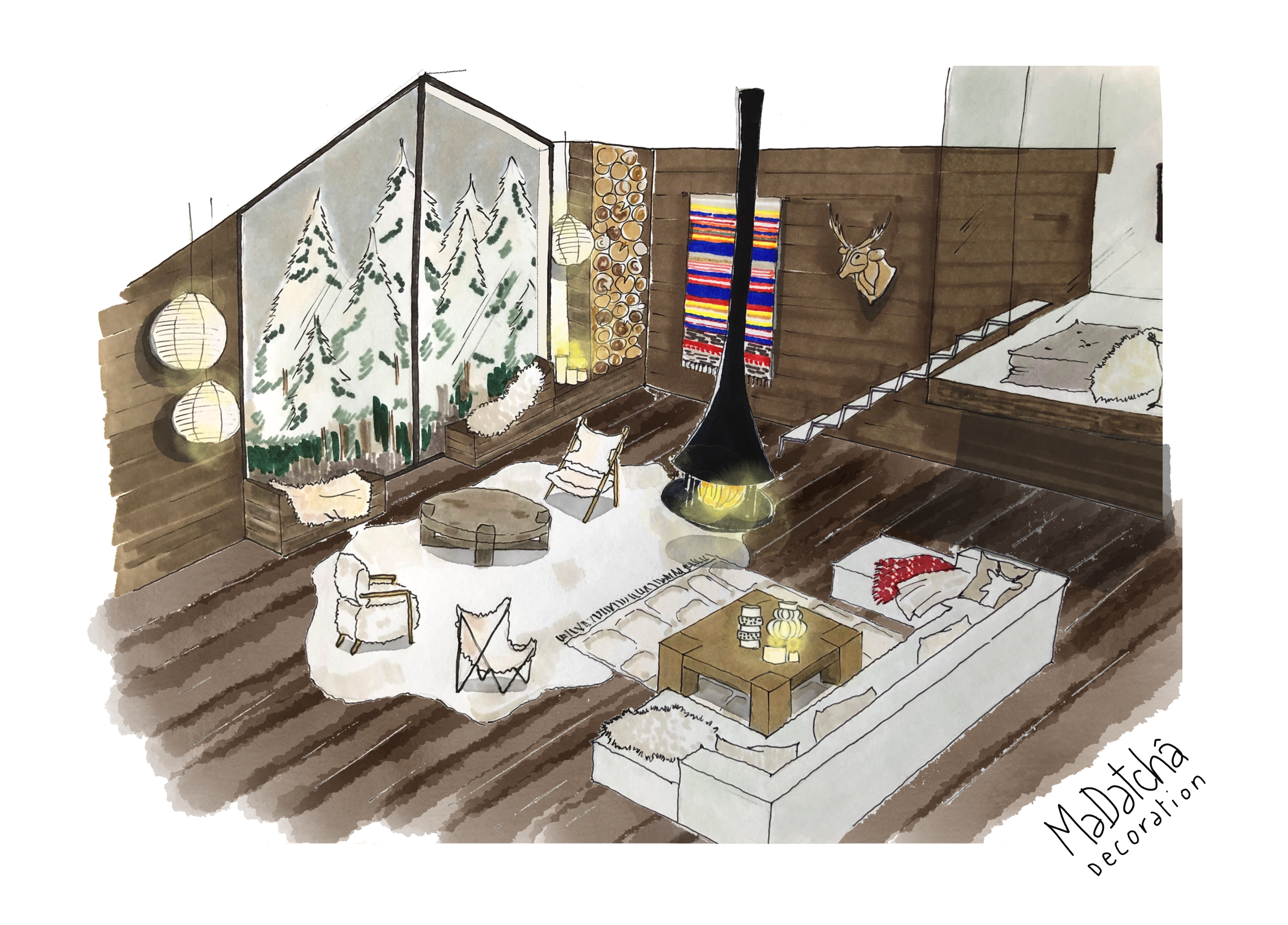 alt="inspiration salon montagne bois matières naturelles cosy et doux décoration intérieure MaDatcha Décoration""