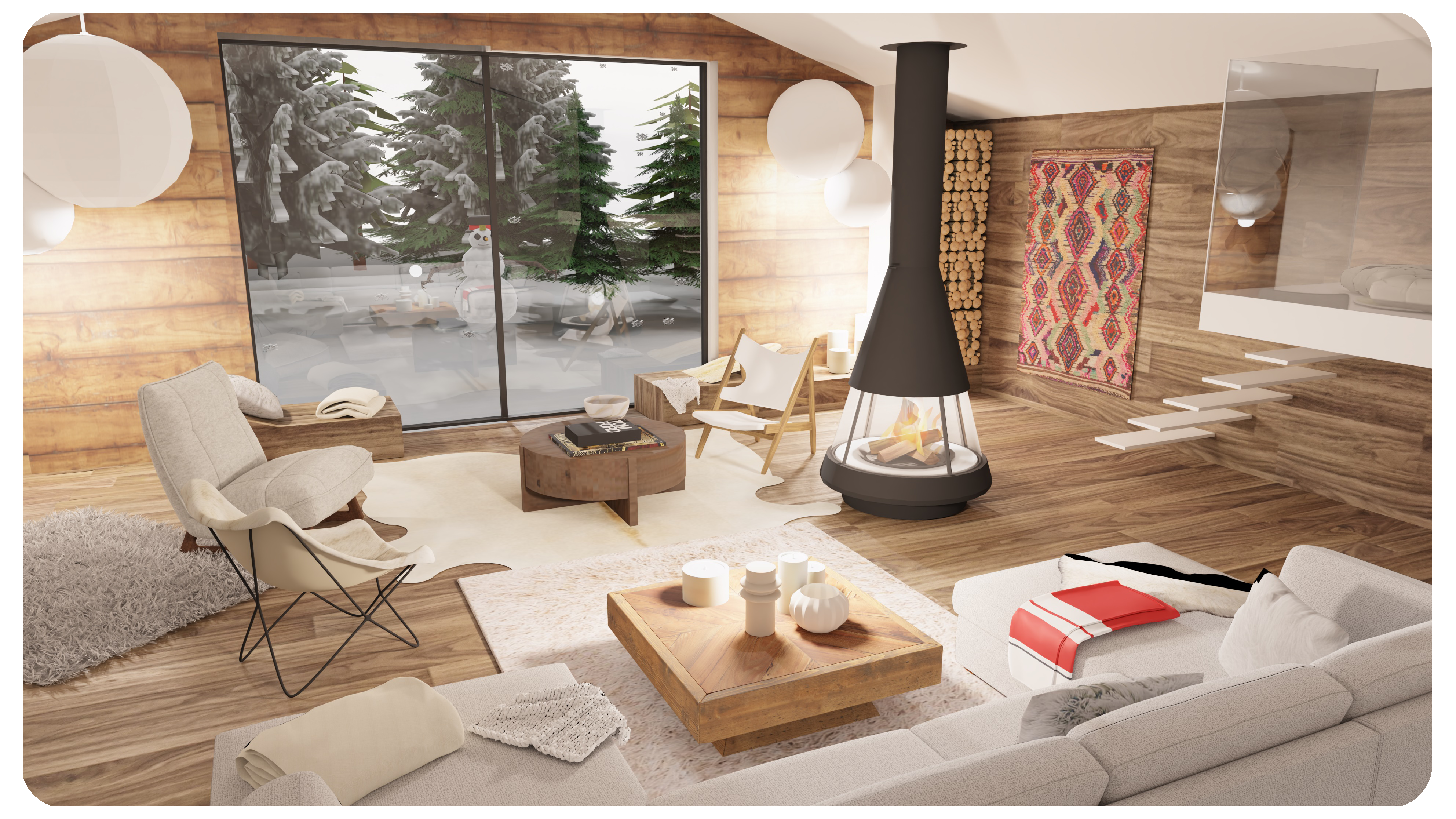 alt="projection 3D salon montagne bois cosy naturel décoration intérieure MaDatcha Décoration""
