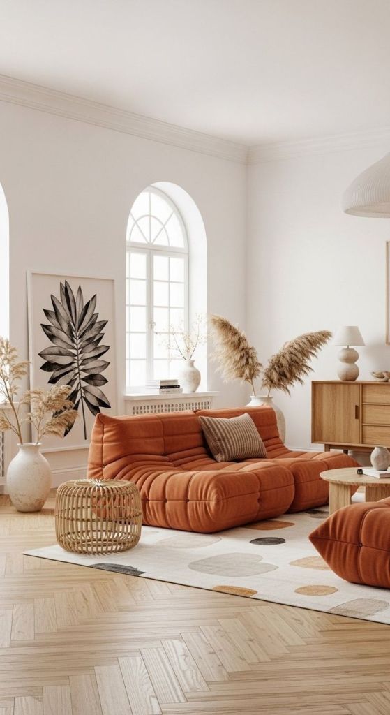 alt="salon chaleureux canapé design déco aménagement nature bohème chic"