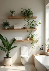 alt="aménagement et décoration petit salle de bain plantes vertes nature"