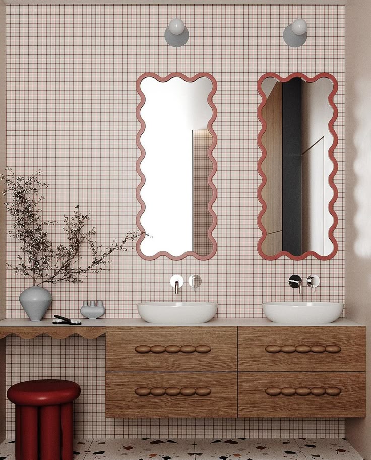 alt="aménagement et décoration petit salle de bain miroir vagues original"