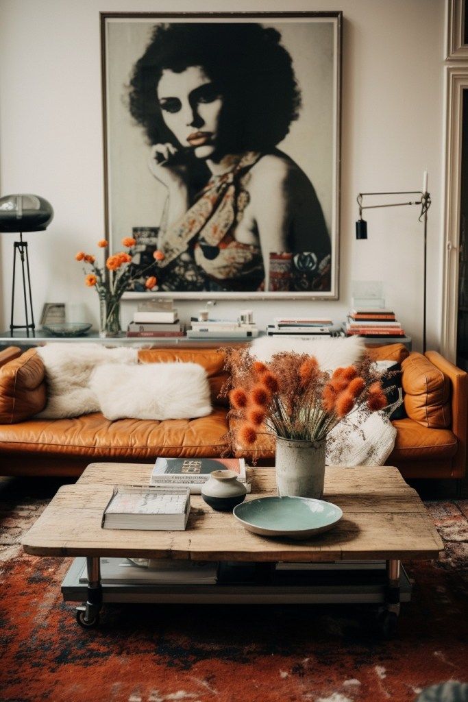 alt = "salon maximaliste chix mélange mobilier vintage et décoration contemporaine avec canapé en cuir et table basse en bois"