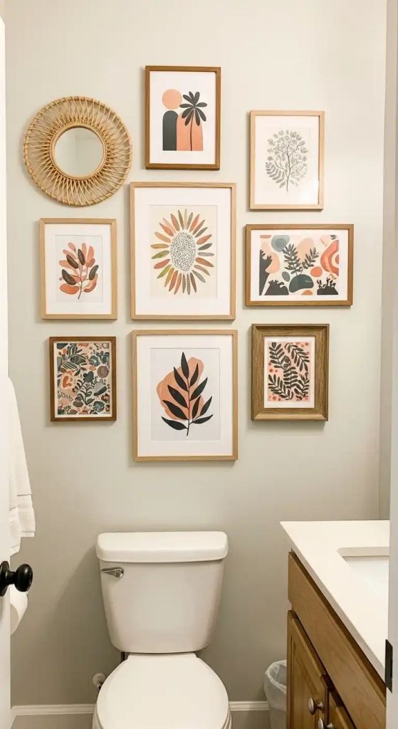 alt="aménagement et décoration petit salle de bain cadres multiples"