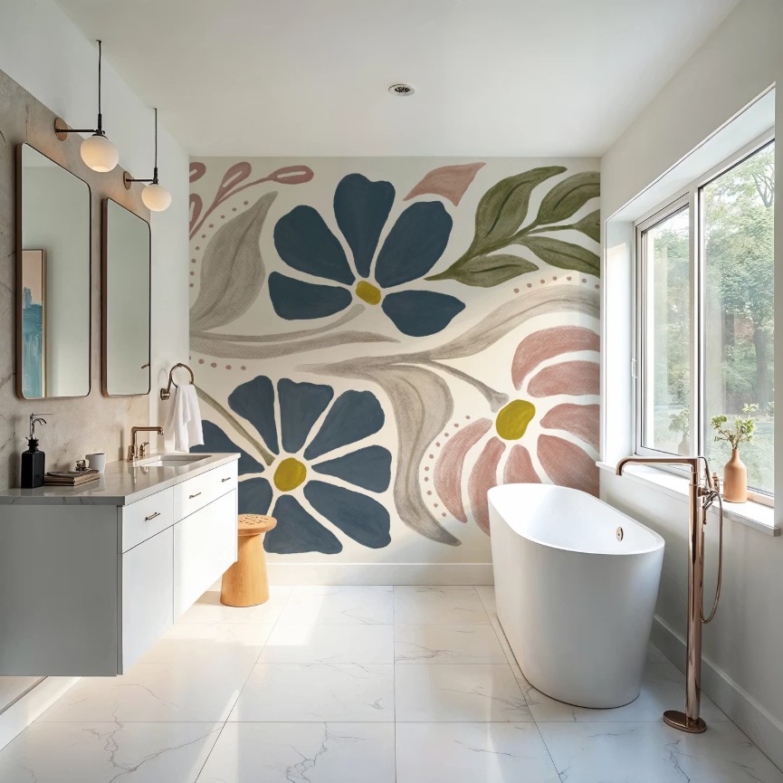 alt="papier peint panoramique dessin peinture fleurs vintage"