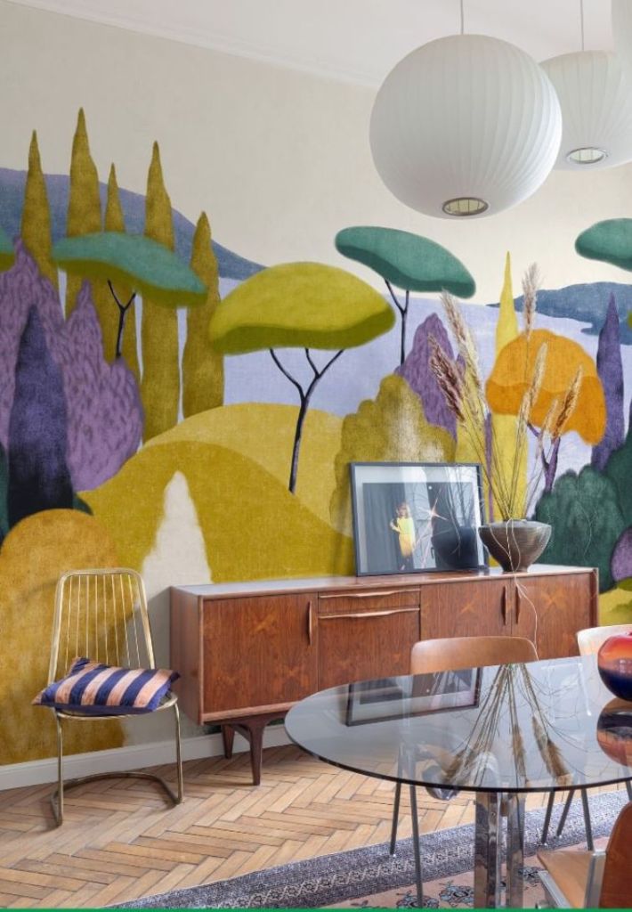 alt="papier peint panoramique paysage couleur peinture vintage"