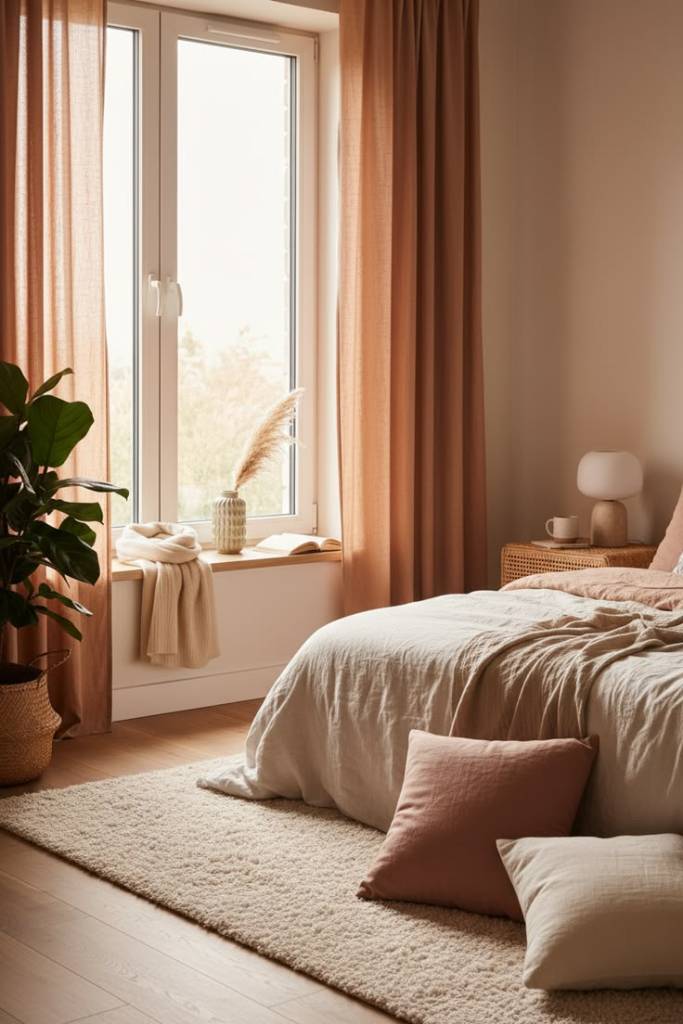 alt="chambre parentale naturelle douce rideaux lin terracotta ambiance chaleureuse cosy"