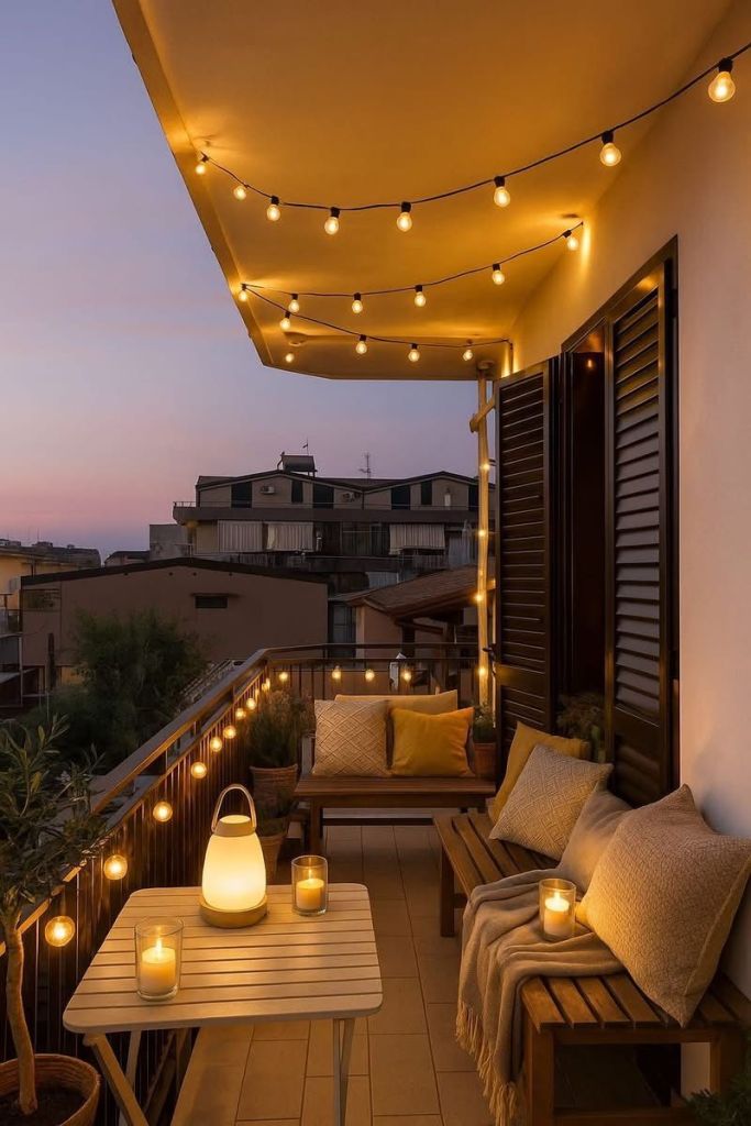 alt =  aménagement décoration espace extérieur balcon luminaire guirlandes