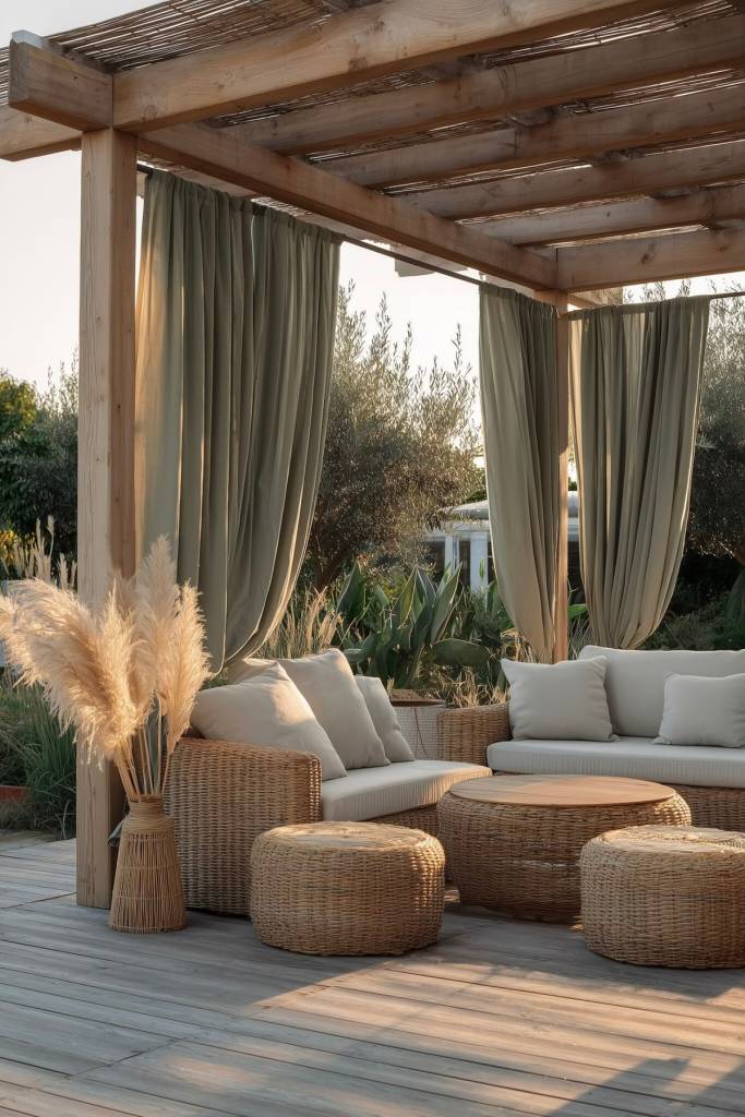alt =  aménagement décoration espace extérieur terrasse rideaux détails déco